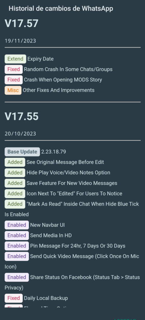 Características nuevas de la versión 17.57 de WhatsApp Plus