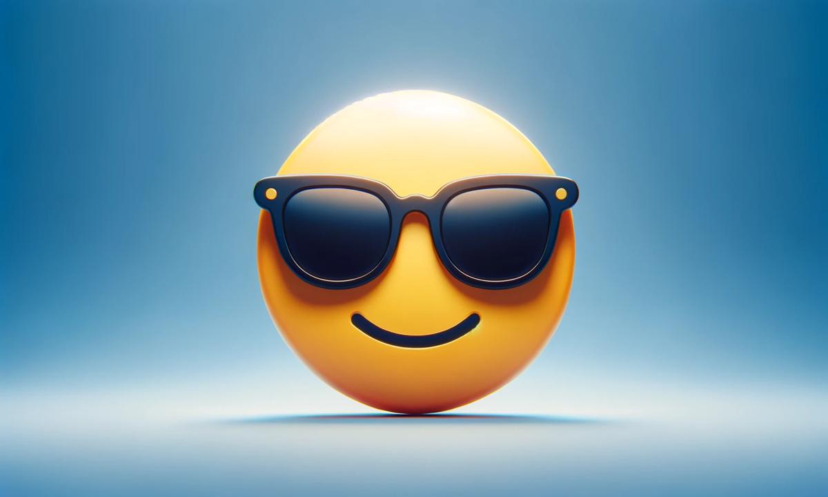 Emoji de cara sonriendo con gafas de sol en estilo minimalista sobre fondo azul degradado.