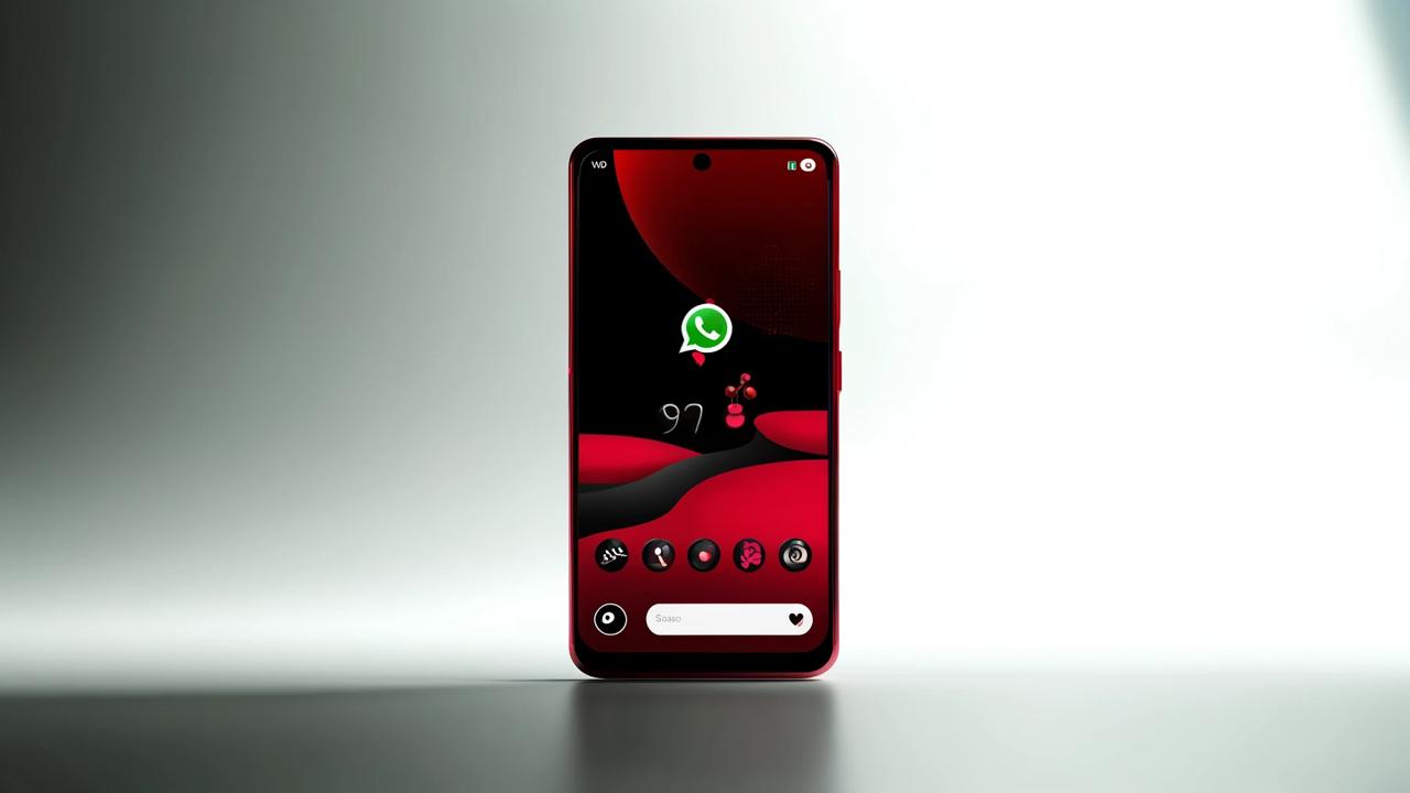 Pantalla de smartphone mostrando la nueva actualización de WhatsApp en Modo Cereza con diseño elegante y moderno.